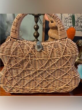 Vintage British Hong Kong Wicker Purse Gold Embellishment Handmade